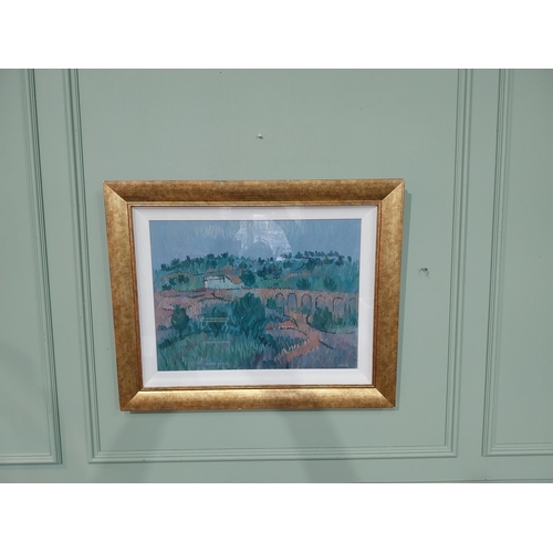 96A - Bridge in the Countryside Desmond Carrick oil on board mounted in gilt frame. {44 cm H x 59 cm W}.