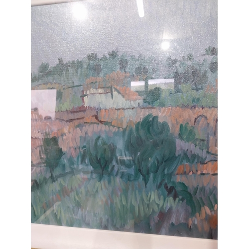 96A - Bridge in the Countryside Desmond Carrick oil on board mounted in gilt frame. {44 cm H x 59 cm W}.