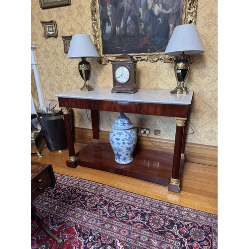 84 - 19th C. French flamed mahogany and gilded console table with marble top. {98 cm H x 149 cm W x71 cm ... 