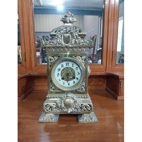 707 - Decorative brass mantle clock in the Victorian style {39 cm H x 19 cm W x 19 cm D}.