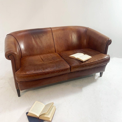 1201 - Vintage leather upholstered two seater sofa raised on square tapered legs. {80 cm H x 150 cm W x 90 ... 