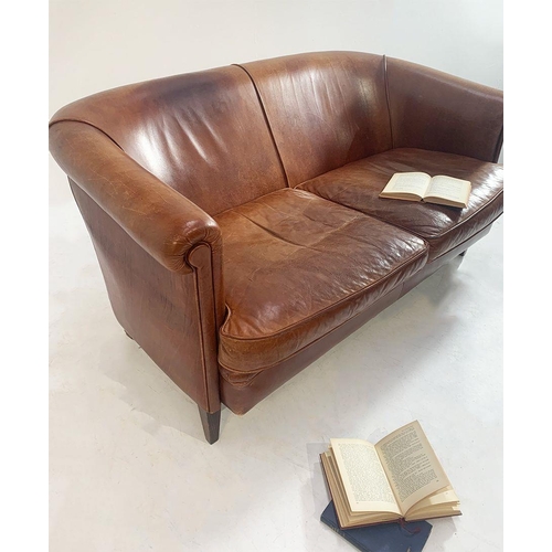 1201 - Vintage leather upholstered two seater sofa raised on square tapered legs. {80 cm H x 150 cm W x 90 ... 