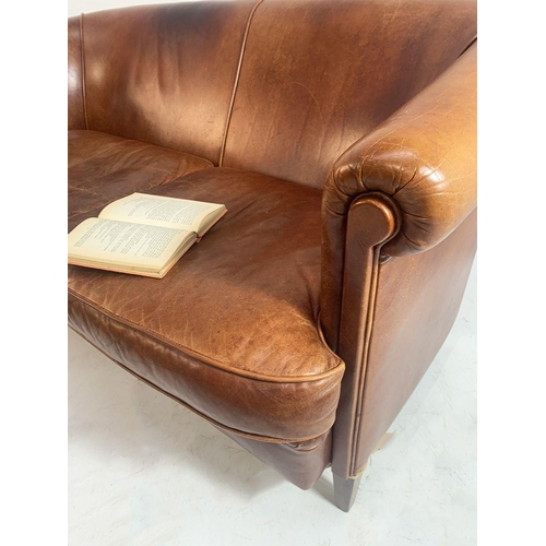 1201 - Vintage leather upholstered two seater sofa raised on square tapered legs. {80 cm H x 150 cm W x 90 ... 