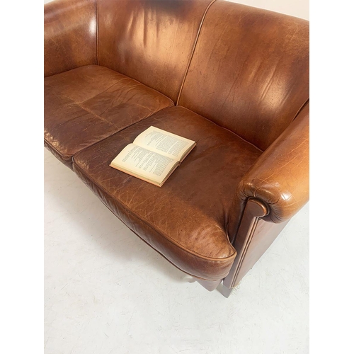 1201 - Vintage leather upholstered two seater sofa raised on square tapered legs. {80 cm H x 150 cm W x 90 ... 