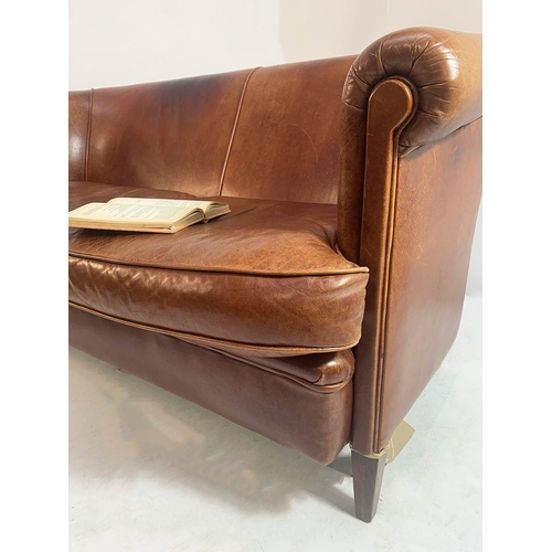 1201 - Vintage leather upholstered two seater sofa raised on square tapered legs. {80 cm H x 150 cm W x 90 ... 