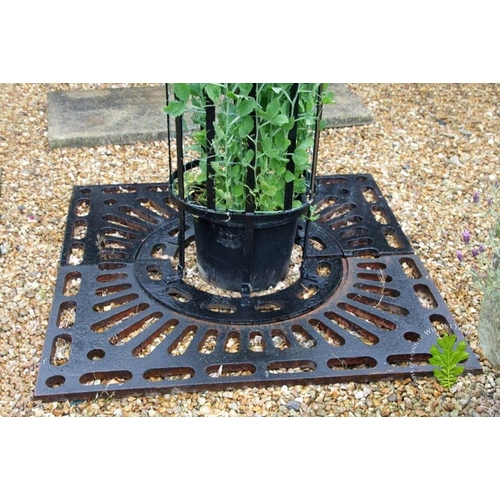 13 - Pair of wrought iron tree protectors with cast iron square base. {185 cm H x 120 cm W x 120 cm D}.