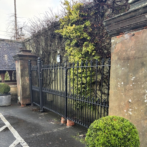 16 - 20th C. Edinburgh sandstone pillars with original 19th C. Irish entrance gates with fleur de lis fin... 
