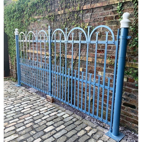 23 - Pair of Co Armagh blacksmith forged wrought iron gates painted blue with posts. {182 cm H x 347 cm W... 