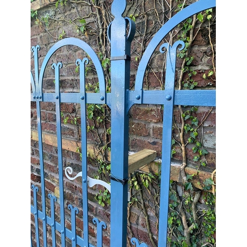 23 - Pair of Co Armagh blacksmith forged wrought iron gates painted blue with posts. {182 cm H x 347 cm W... 