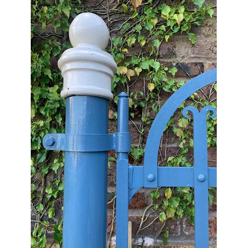 23 - Pair of Co Armagh blacksmith forged wrought iron gates painted blue with posts. {182 cm H x 347 cm W... 