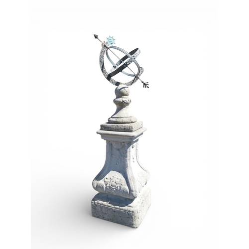 24 - Bronze armillary sundial raised on moulded stone pedestal {150 cm H x 42 cm W x 42 cm D}