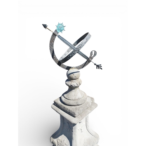 24 - Bronze armillary sundial raised on moulded stone pedestal {150 cm H x 42 cm W x 42 cm D}