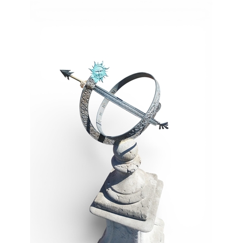 24 - Bronze armillary sundial raised on moulded stone pedestal {150 cm H x 42 cm W x 42 cm D}