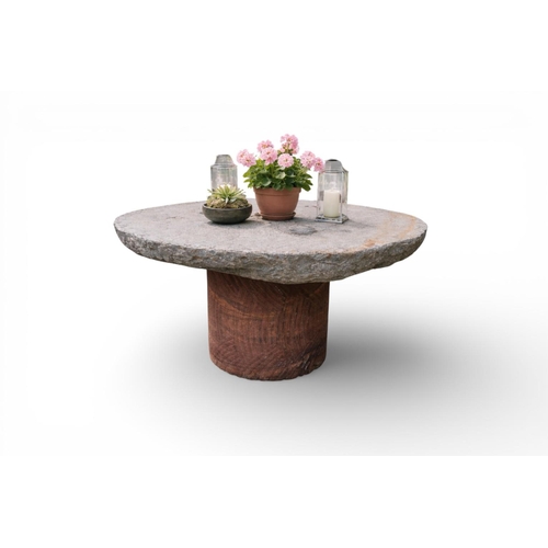 36 - Limestone mill wheel garden table on sandstone pedestal. {70 cm H x 118 cm Dia.}. NOT ON SITE FOR VI... 