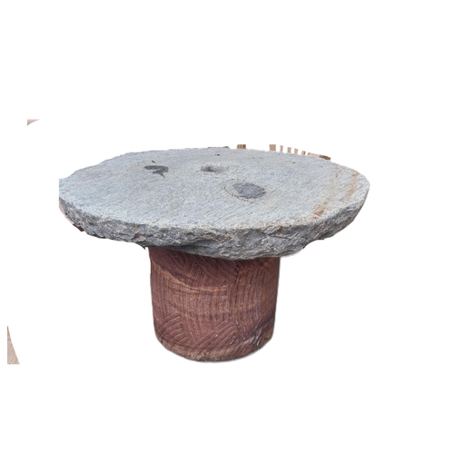 36 - Limestone mill wheel garden table on sandstone pedestal. {70 cm H x 118 cm Dia.}. NOT ON SITE FOR VI... 