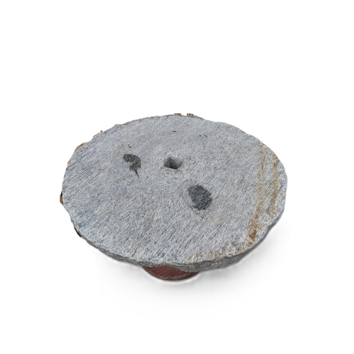 36 - Limestone mill wheel garden table on sandstone pedestal. {70 cm H x 118 cm Dia.}. NOT ON SITE FOR VI... 