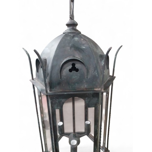 18 - Good quality bronzed metal Gothic hanging lantern. {80 cm H x 40 cm Dia. with chain drop of 100 cm }... 