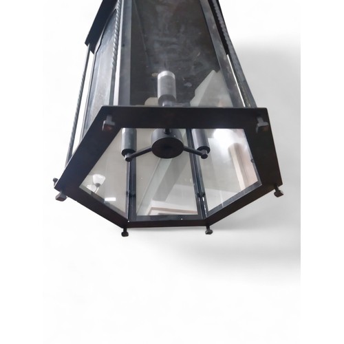 18 - Good quality bronzed metal Gothic hanging lantern. {80 cm H x 40 cm Dia. with chain drop of 100 cm }... 