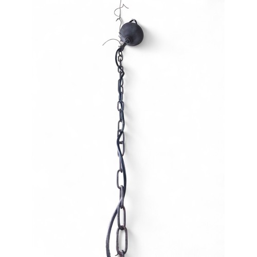 18 - Good quality bronzed metal Gothic hanging lantern. {80 cm H x 40 cm Dia. with chain drop of 100 cm }... 