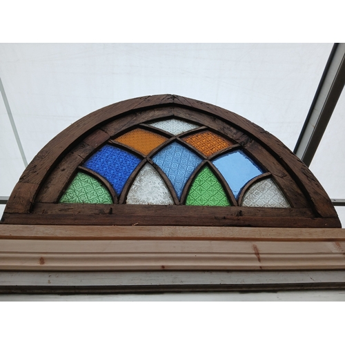 Arched stain glass fanlight window { 61cm H x 93cm W x 10cm D }.