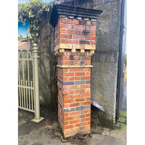 Pair of detailed 19th. C. brick pillars with castellated pillar caps ...
