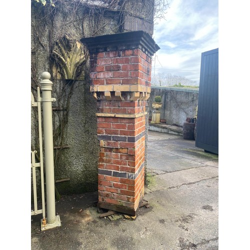Pair of detailed 19th. C. brick pillars with castellated pillar caps ...