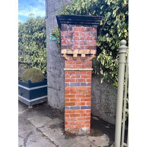 Pair of detailed 19th. C. brick pillars with castellated pillar caps ...