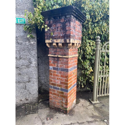 Pair of detailed 19th. C. brick pillars with castellated pillar caps ...