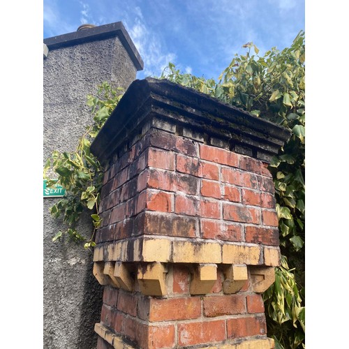 Pair of detailed 19th. C. brick pillars with castellated pillar caps ...