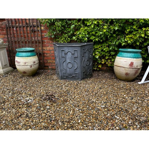 30A - Pair of good quality glazed terracotta urns. {69 cm H x 51 cm Dia.}.