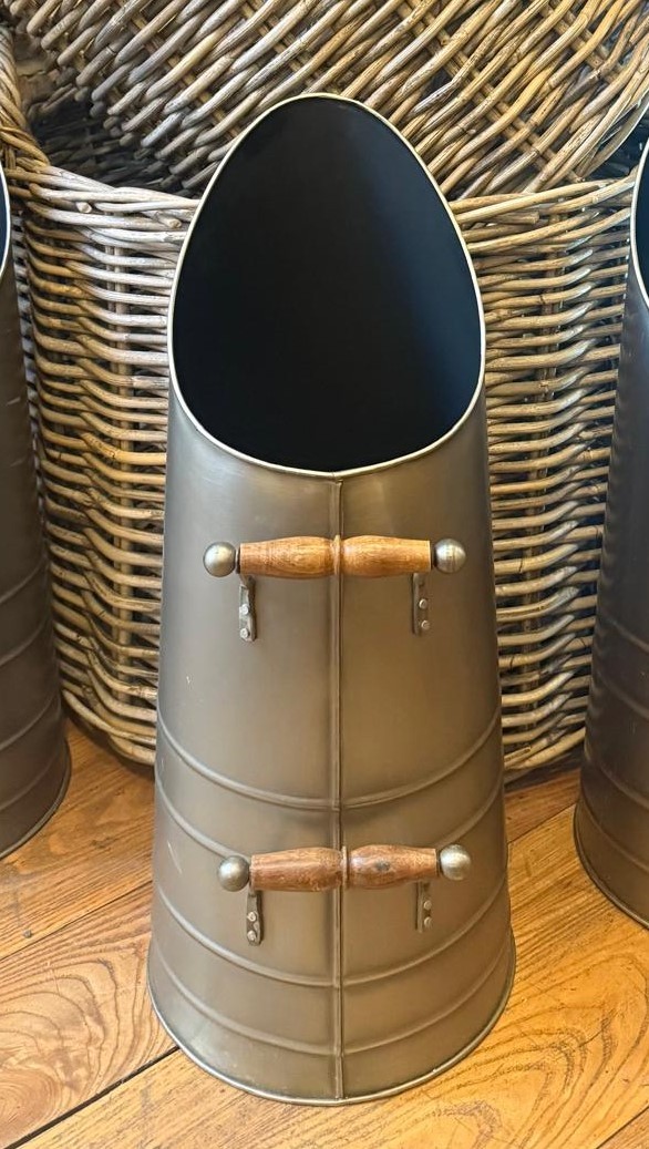 Metal coal scuttle with wooden handles. {55 cm H x 19 cm Dia.}.