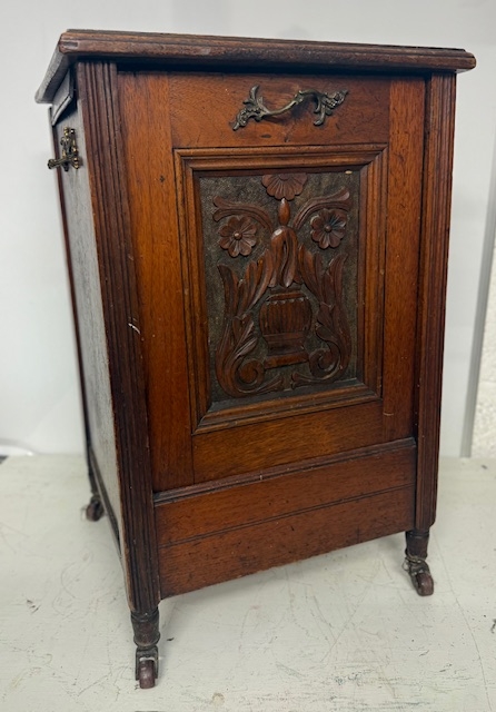 Edwardian mahogany coal locker with carved central panel raised on ...