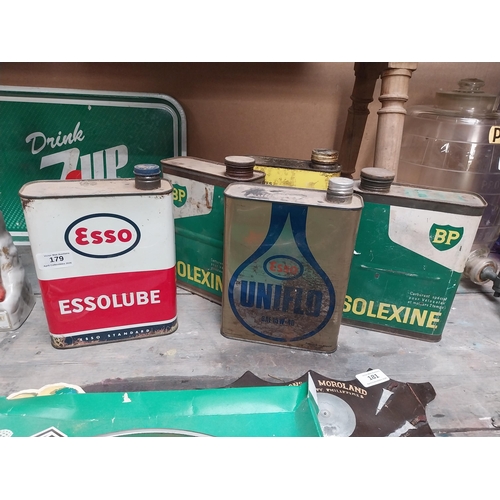 179 - Collection of five oil cans - Two Solexine BP,  RL1500, Essolube and Uniflo etc. {23 cm H x 16 cm W ... 