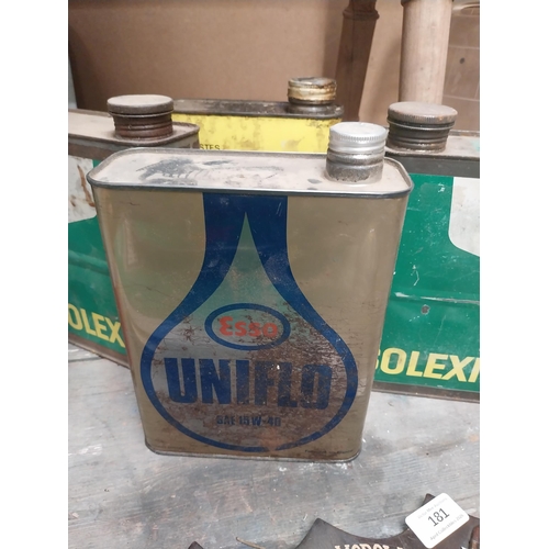 179 - Collection of five oil cans - Two Solexine BP,  RL1500, Essolube and Uniflo etc. {23 cm H x 16 cm W ... 