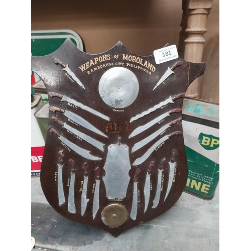 Weapons of Moroland Samboanga City Philippines advertising shield. {37 cm H x 30 cm W}.