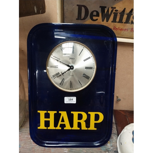 Harp Lager battery operated perspex advertising clock. {40 cm H x 27 cm W}.