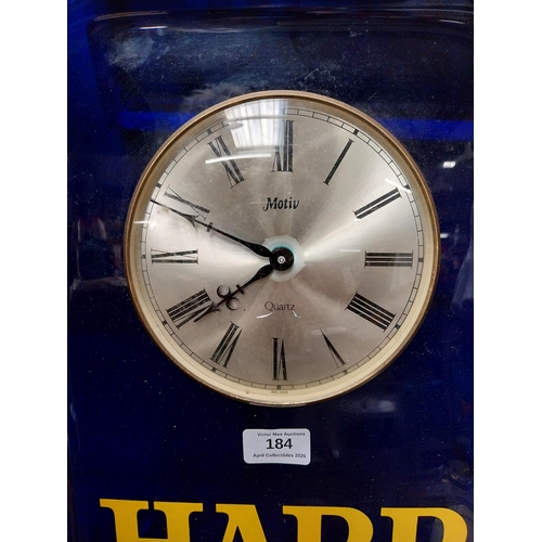 Harp Lager battery operated perspex advertising clock. {40 cm H x 27 cm W}.