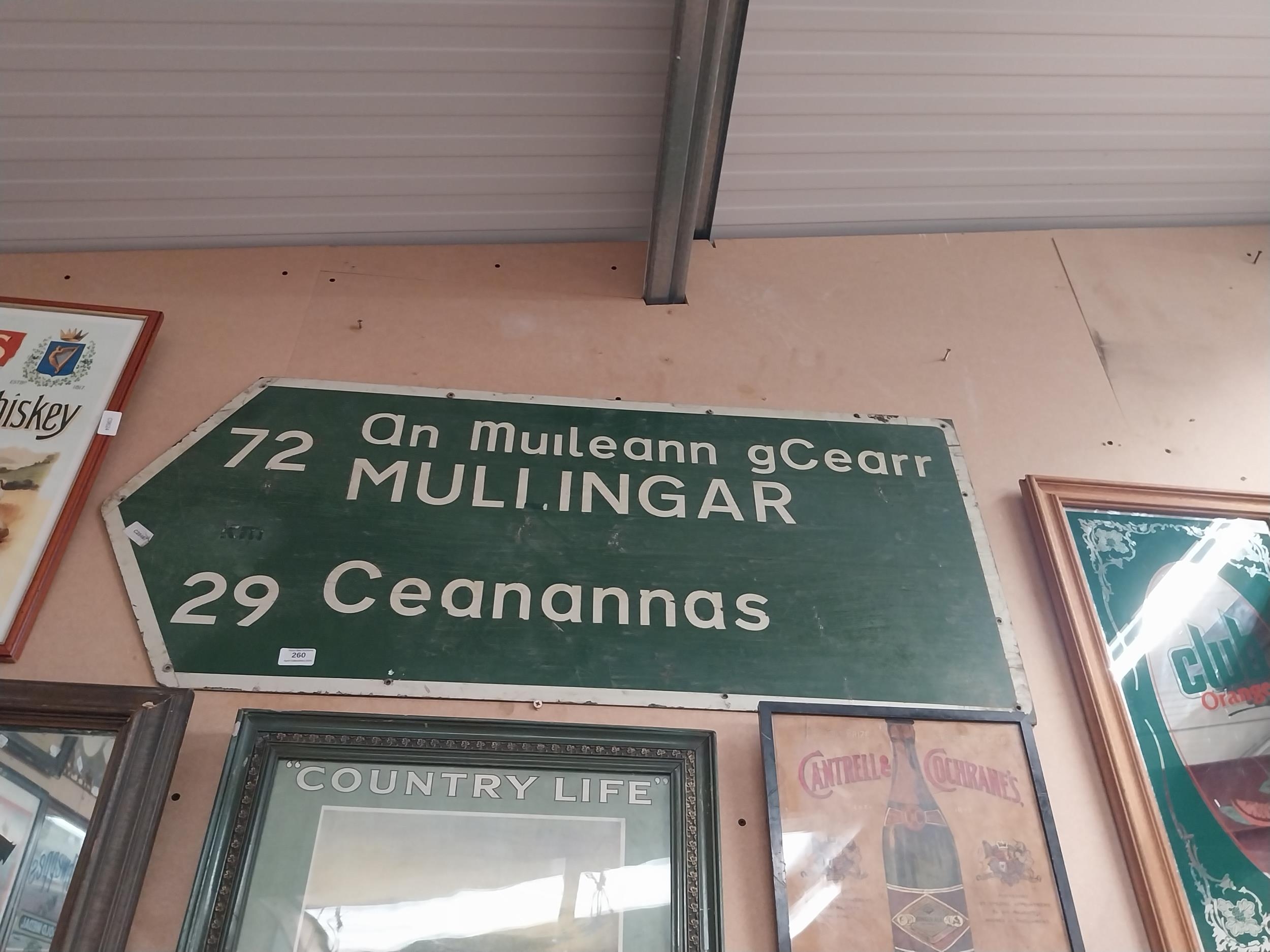 Mullingar/Kells bi lingual alloy road sign. {51 cm H x 110 cm W}.