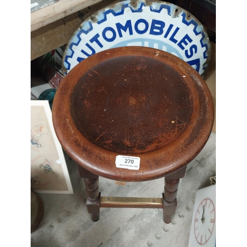 270 - 1970's mahogany and brass bar stool. {73 cm H x 32 cm W x 32 cm D}.
