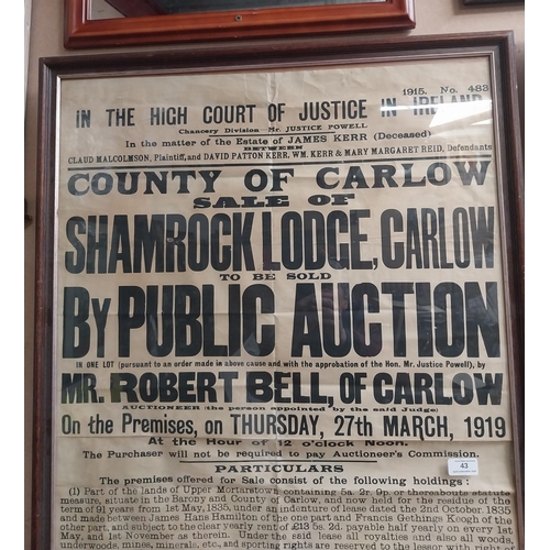 43 - Sale of Shamrock Lodge Carlow 27th March 1919 framed Auctioneer's poster. {106 cm H x 66 cm W}.