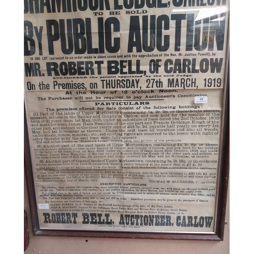 43 - Sale of Shamrock Lodge Carlow 27th March 1919 framed Auctioneer's poster. {106 cm H x 66 cm W}.