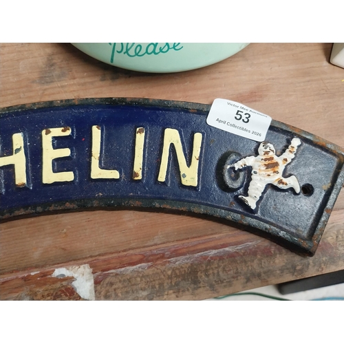 53 - Michelin Tyres cast iron advertising sign. {8 cm H x 30 cm W}.
