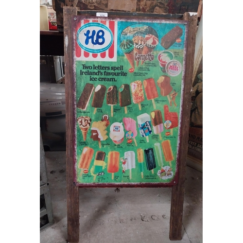 Two tin  plate HB Ice Cream advertising signs mounted on wooden sandwich board. {90 cm H x 46 cm W}.
