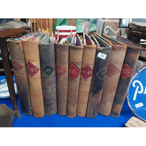 Nine 19th C. leather bound book binders. {31 cm H x 38 cm W x 8 cm D}.