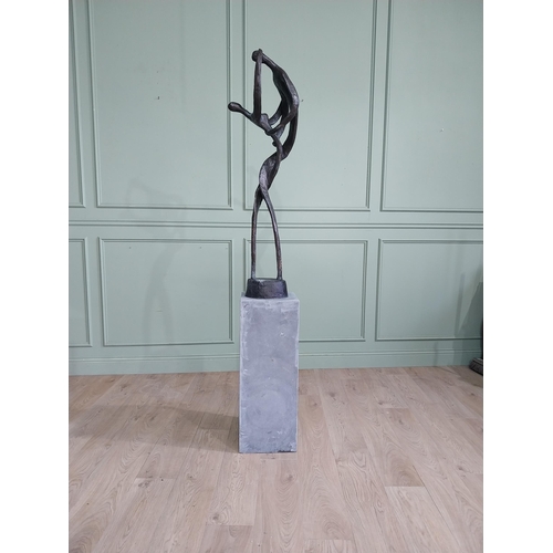 1 - Good quality contemporary bronze sculpture of Lovers in Motion on slate pedestal. {200 cm H x 30 cm ... 