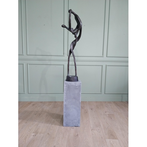 1 - Good quality contemporary bronze sculpture of Lovers in Motion on slate pedestal. {200 cm H x 30 cm ... 
