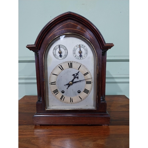 2 - Edwardian mahogany and satinwood inlaid mantle clock with silvered dial. {36 cm H X  26 cm W X 15 cm... 