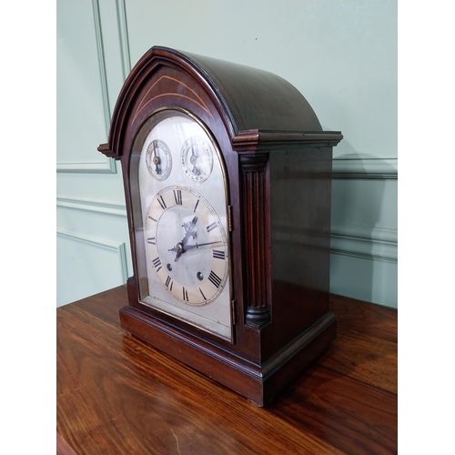 2 - Edwardian mahogany and satinwood inlaid mantle clock with silvered dial. {36 cm H X  26 cm W X 15 cm... 
