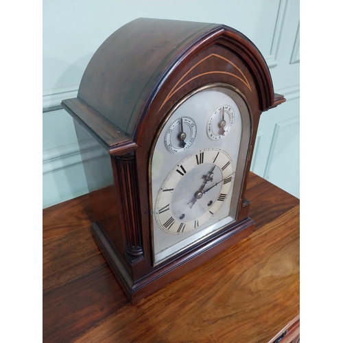 2 - Edwardian mahogany and satinwood inlaid mantle clock with silvered dial. {36 cm H X  26 cm W X 15 cm... 