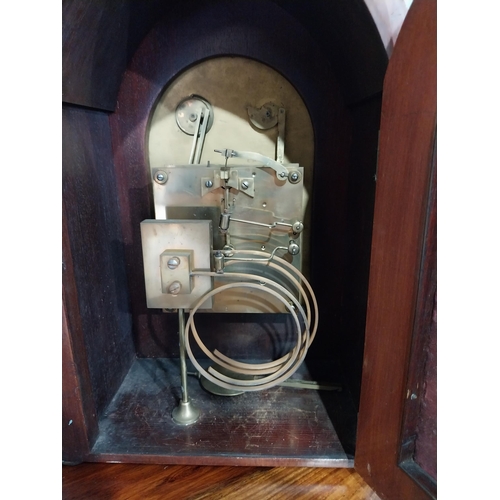 2 - Edwardian mahogany and satinwood inlaid mantle clock with silvered dial. {36 cm H X  26 cm W X 15 cm... 